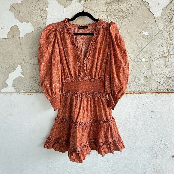 House of Harlow Rust Floral Romper Puff Sleeve Ruffle Cottagecore Fall Size S - Picture 2 of 11